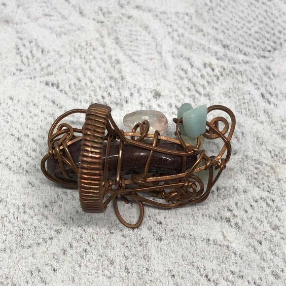 Artisan handmade copper wire stone statement ring rustic stone cluster brutalist - Picture 6 of 7
